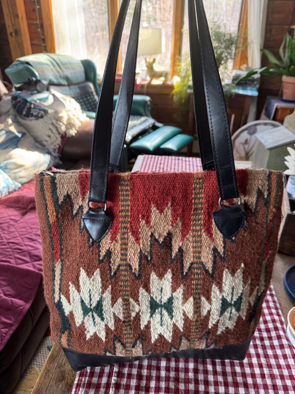 Woven Southwestern Wool -Woven Tote Bag with Leather Straps - Brown & Red